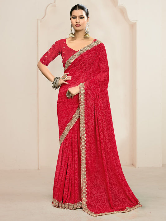Red Red Party Wear Georgette Embroidered Saree
