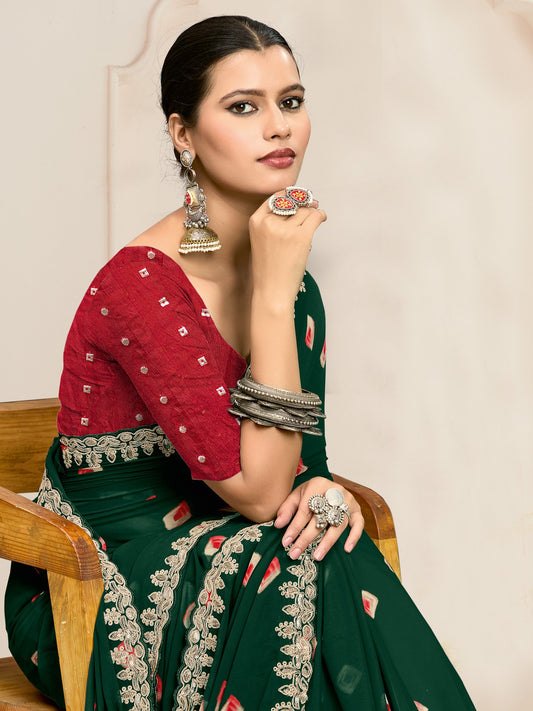Green Party Wear Georgette Embroidered Saree