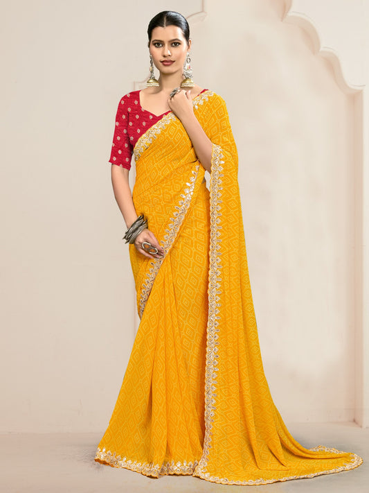 Yellow Yellow Party Wear Georgette Embroidered Saree