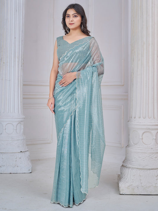 Blue Light Party Wear Net Embellished Saree