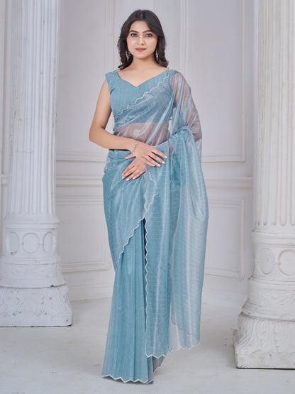 Blue Light Party Wear Net Embellished Saree