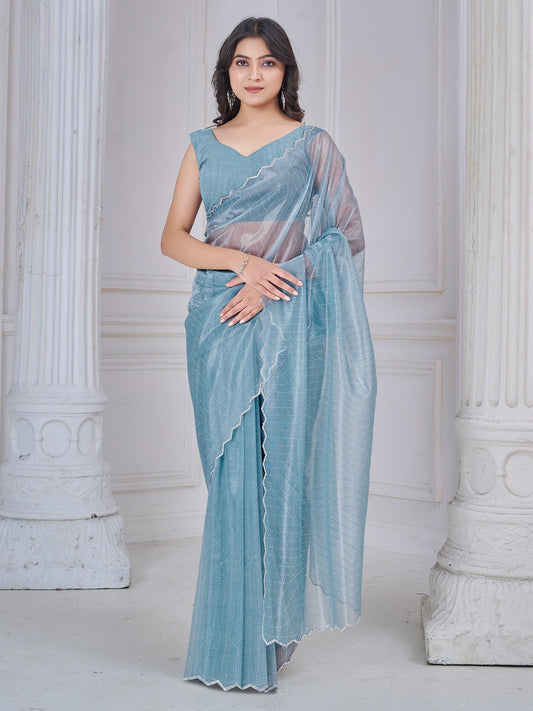 Blue Light Party Wear Net Embellished Saree