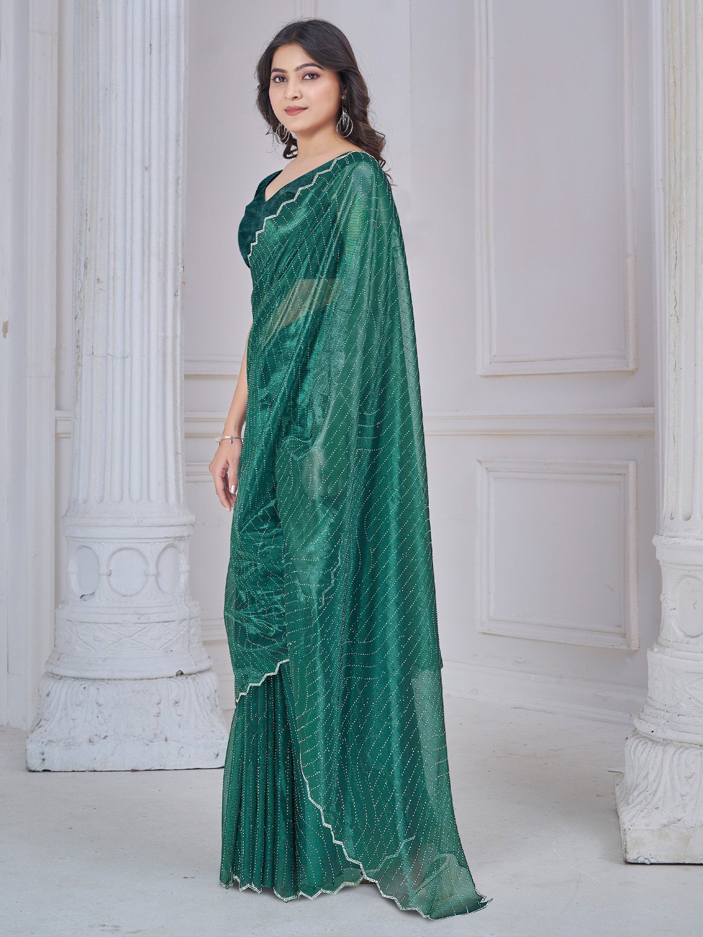 Green Party Wear Net Embellished Saree