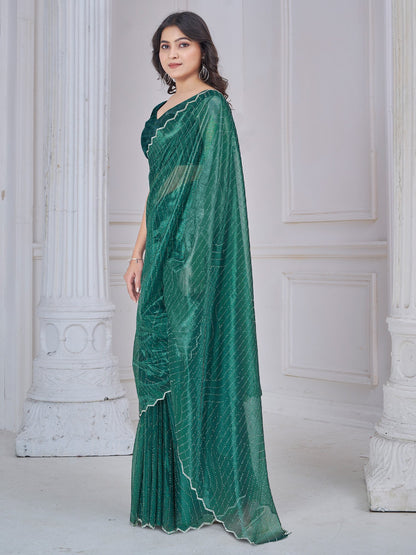 Green Party Wear Net Embellished Saree