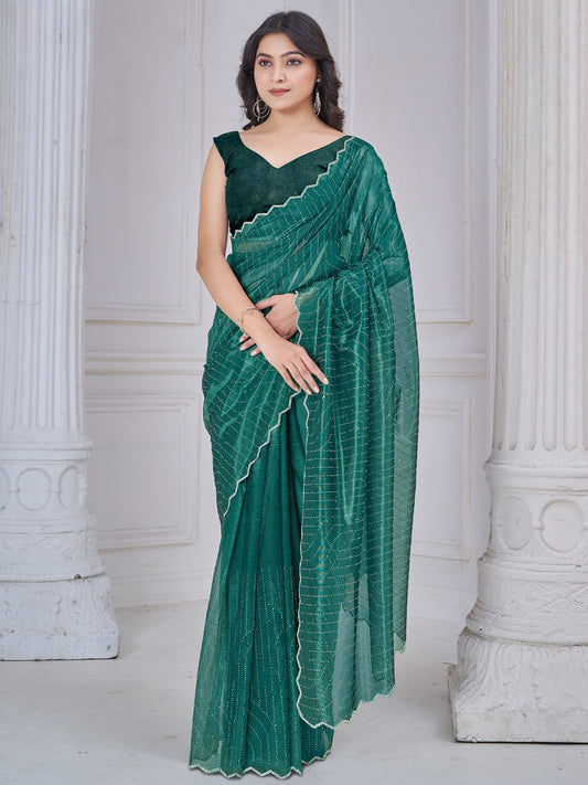 Green Green Party Wear Net Embellished Saree