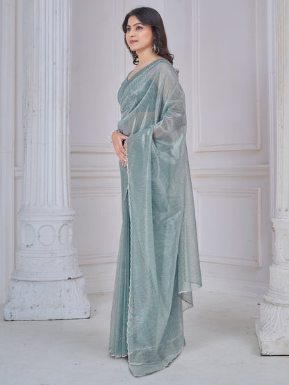 Sea Party Wear Net Embellished Saree