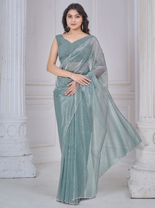 Green Sea Party Wear Net Embellished Saree