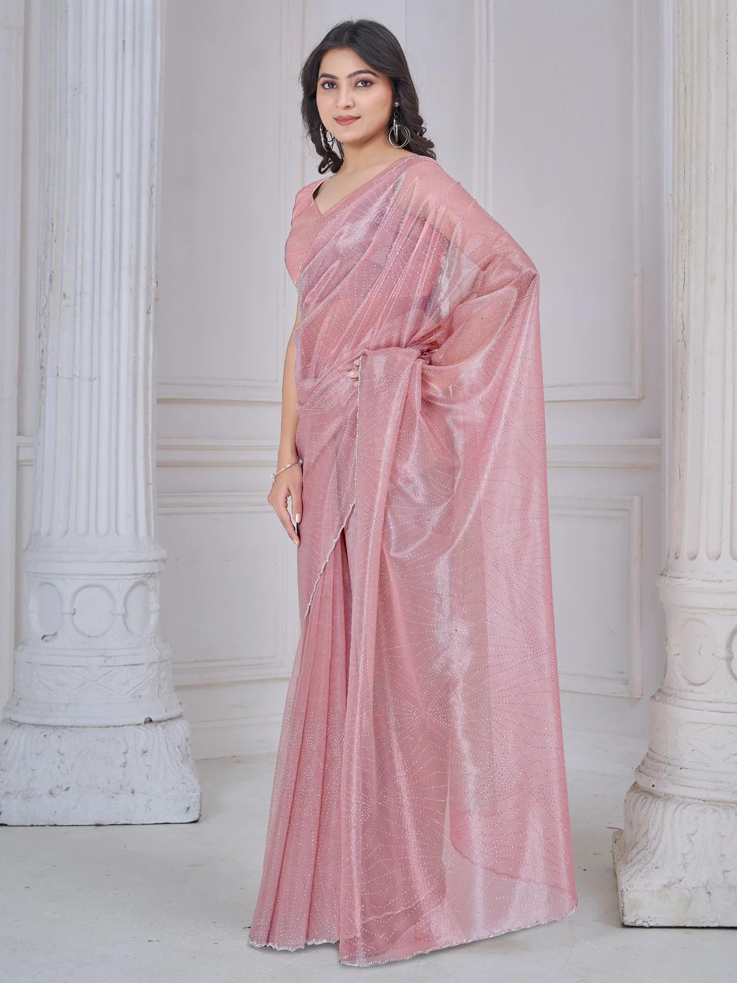 Pink Party Wear Net Embellished Saree