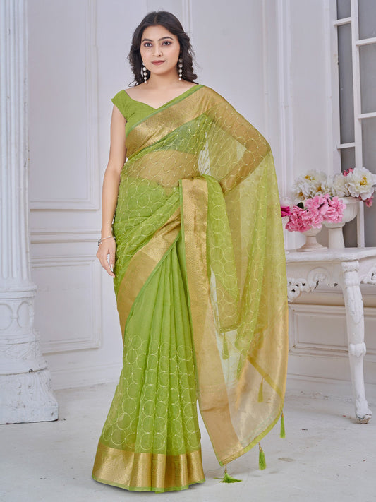 Green Light Party Wear Tissue Woven Saree