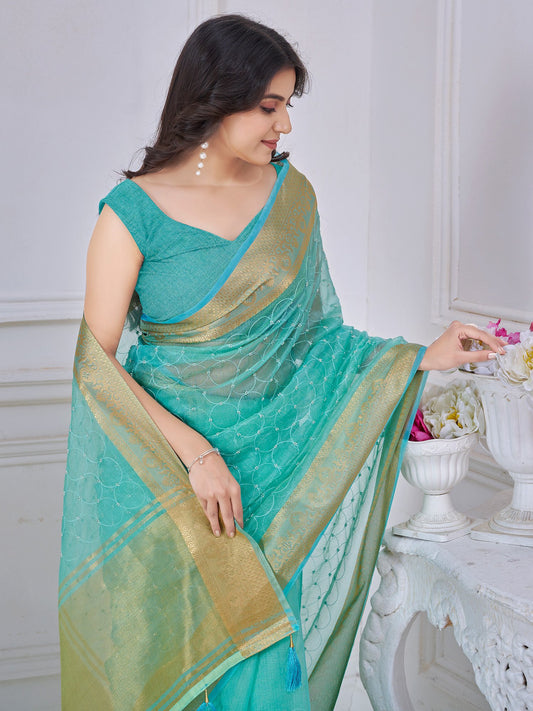 Blue Light Party Wear Tissue Woven Saree