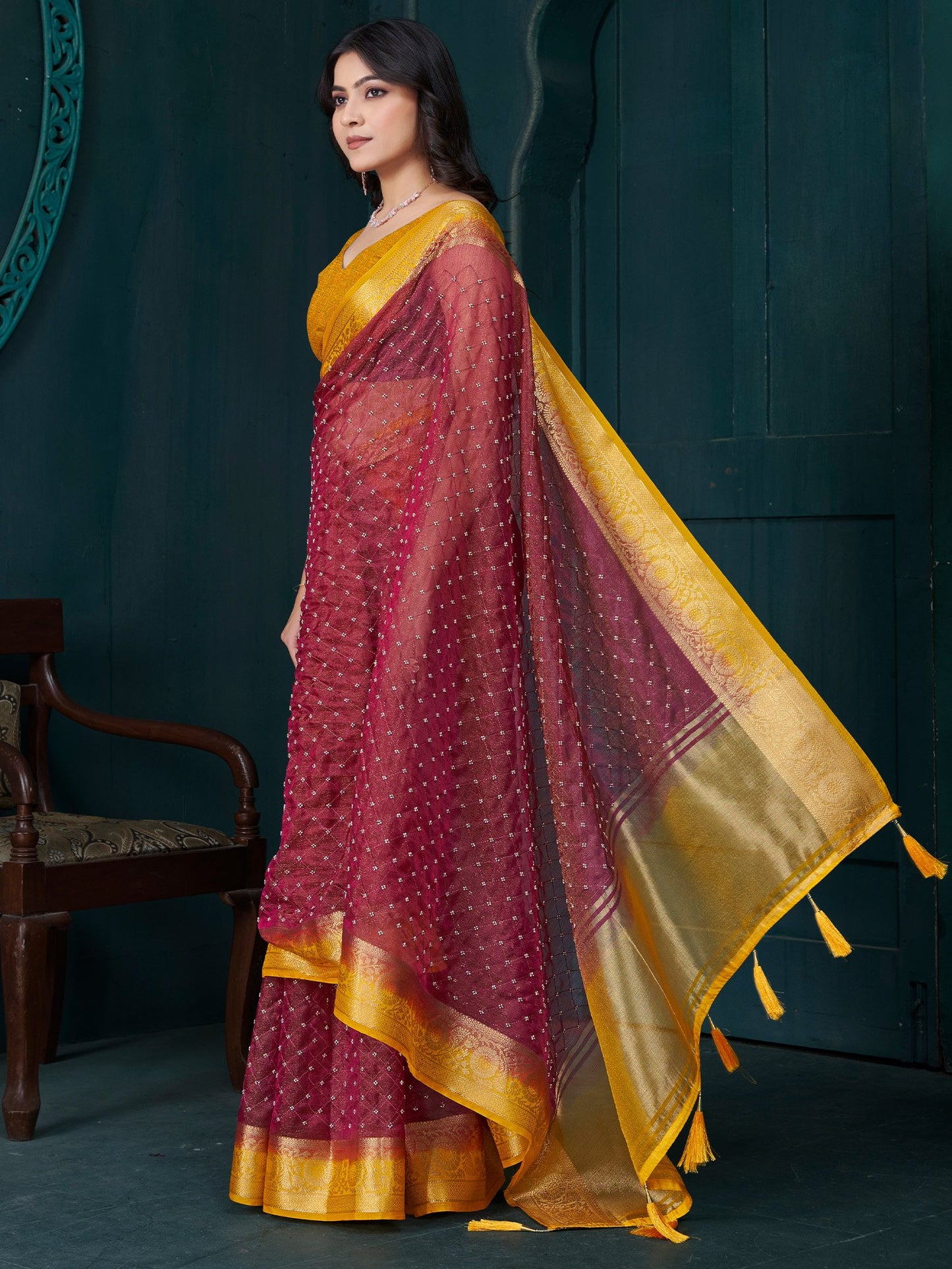 Maroon Party Wear Tissue Woven Saree