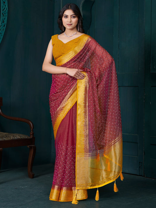 Maroon Maroon Party Wear Tissue Woven Saree