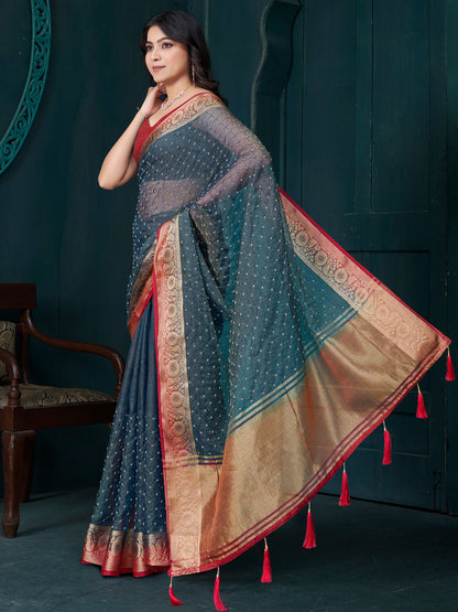 Grey Party Wear Tissue Woven Saree