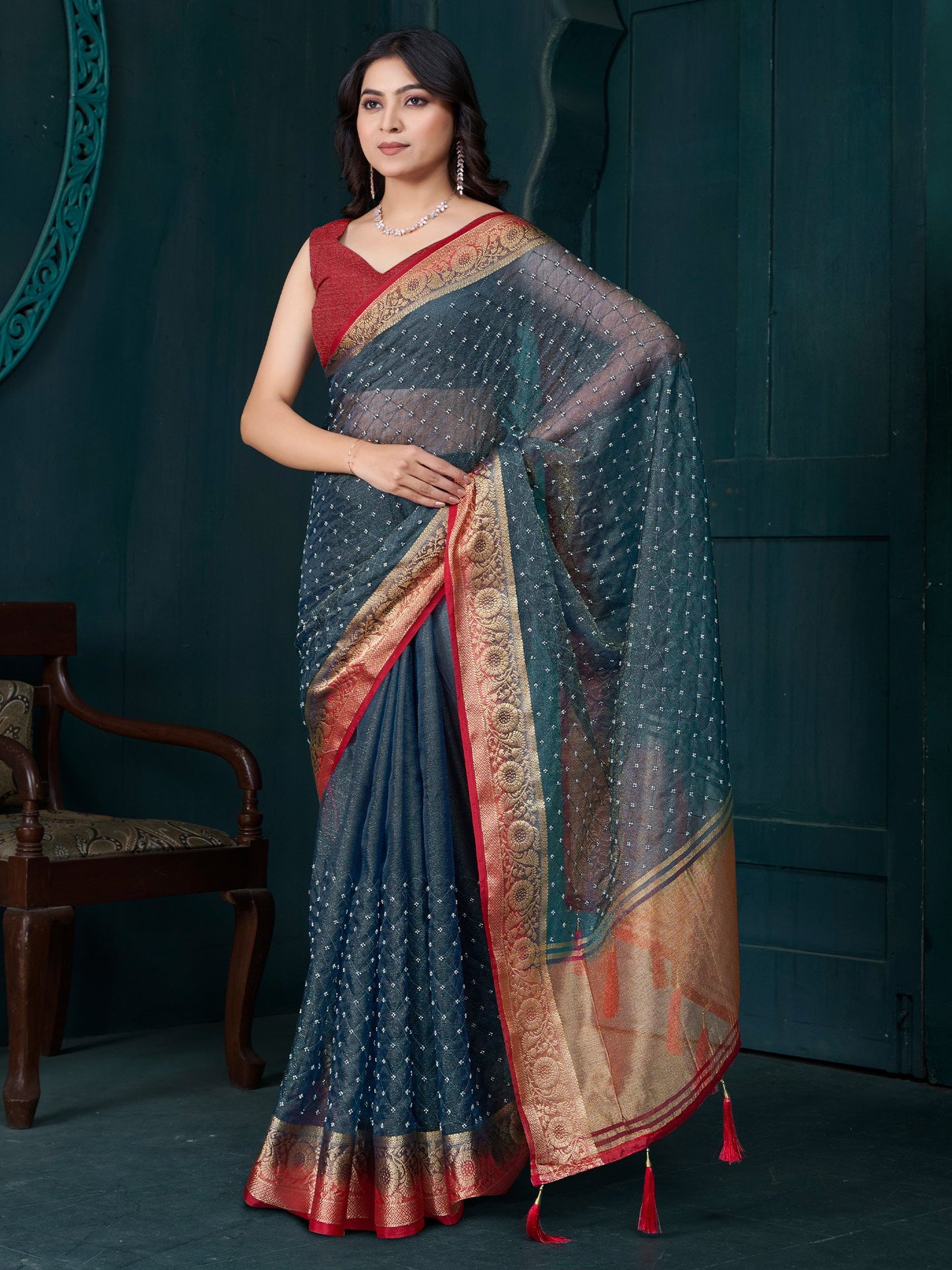 Grey Grey Party Wear Tissue Woven Saree