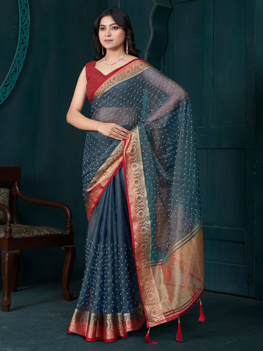 Grey Grey Party Wear Tissue Woven Saree