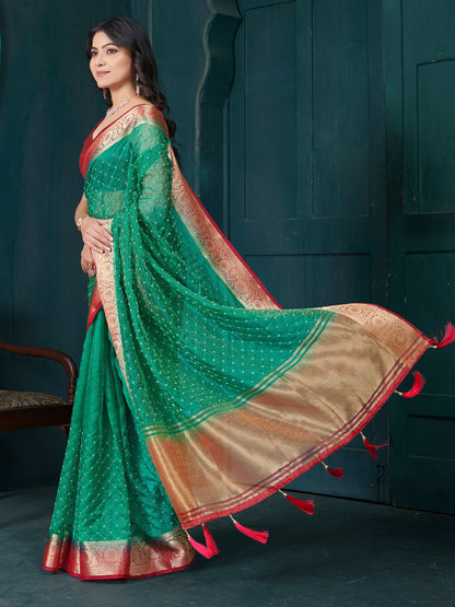 Green Party Wear Tissue Woven Saree