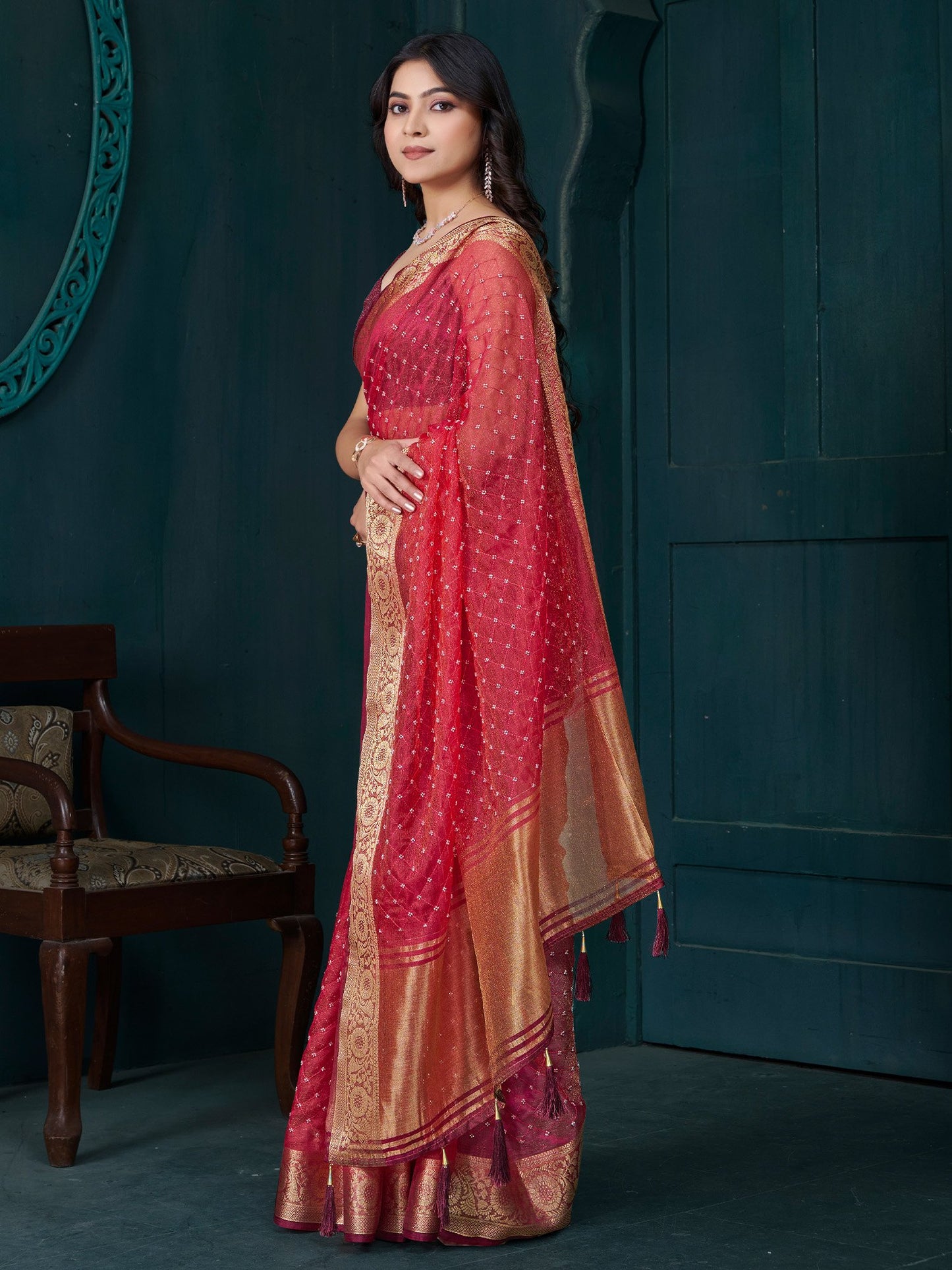 Red Party Wear Tissue Woven Saree