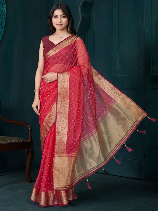 Red Red Party Wear Tissue Woven Saree