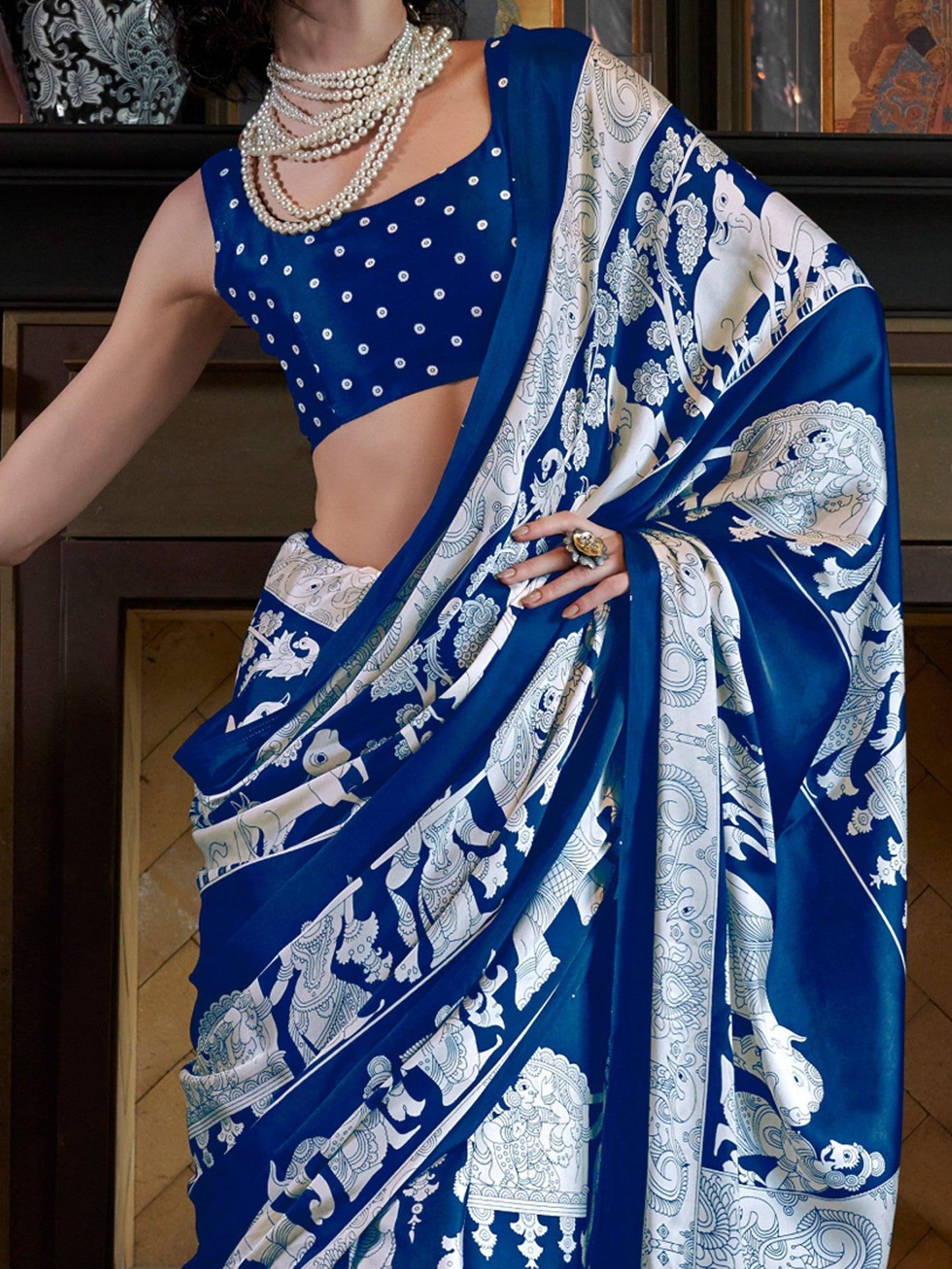 Blue Block Print Crepe Printed Saree