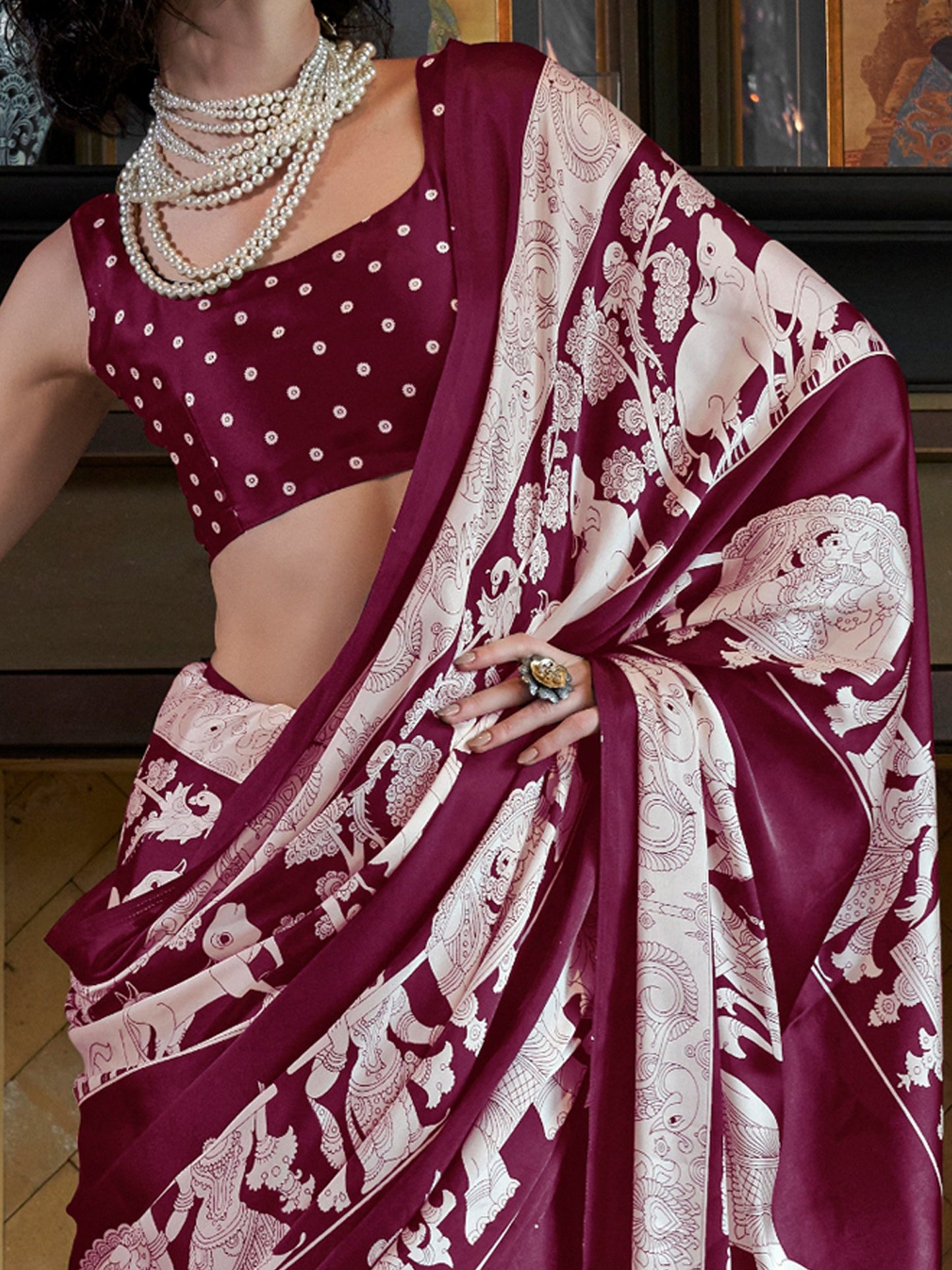 Magenta Block Print Crepe Printed Saree