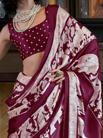 Magenta Block Print Crepe Printed Saree