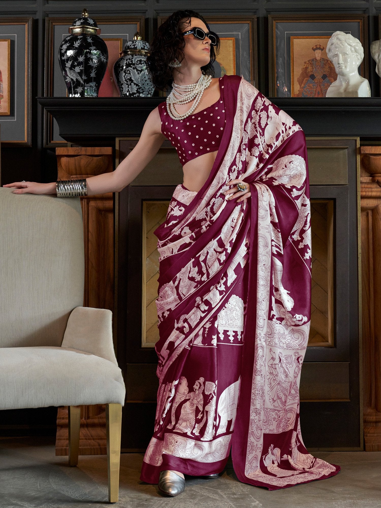 Purple Magenta Block Print Crepe Printed Saree