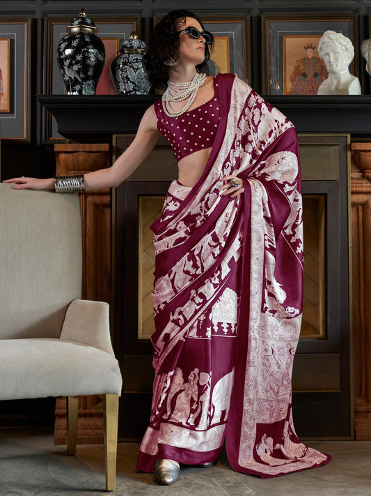 Purple Magenta Block Print Crepe Printed Saree