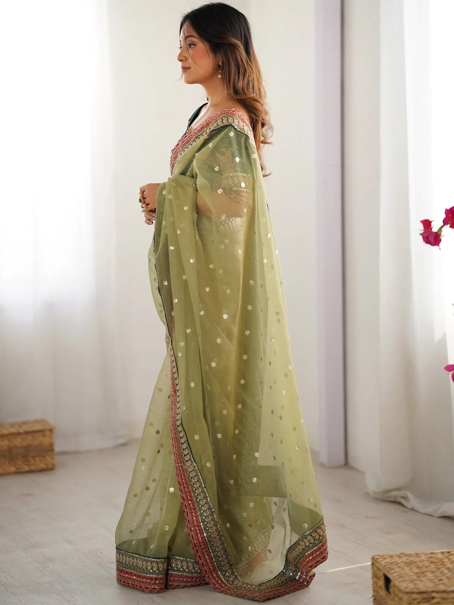 Light Party Wear Organza Embellished Saree