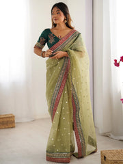 Green Light Party Wear Organza Embellished Saree