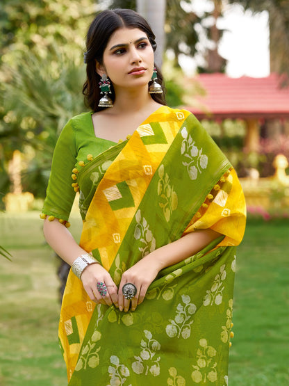 Yellow Block Print Cotton Printed Saree