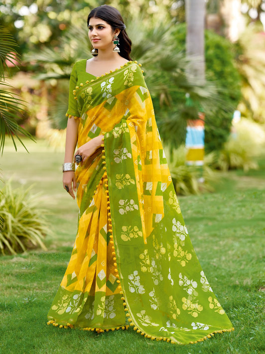 Yellow Yellow Block Print Cotton Printed Saree