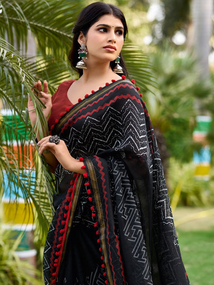 Black Block Print Cotton Printed Saree