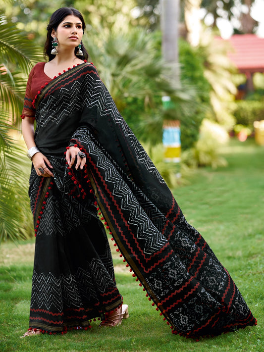 Black Black Block Print Cotton Printed Saree
