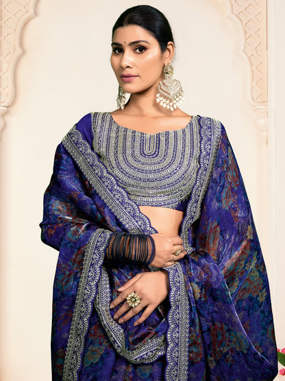 Dark Party Wear Organza Printed Saree