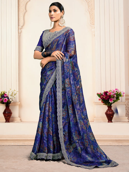 Blue Dark Party Wear Organza Printed Saree