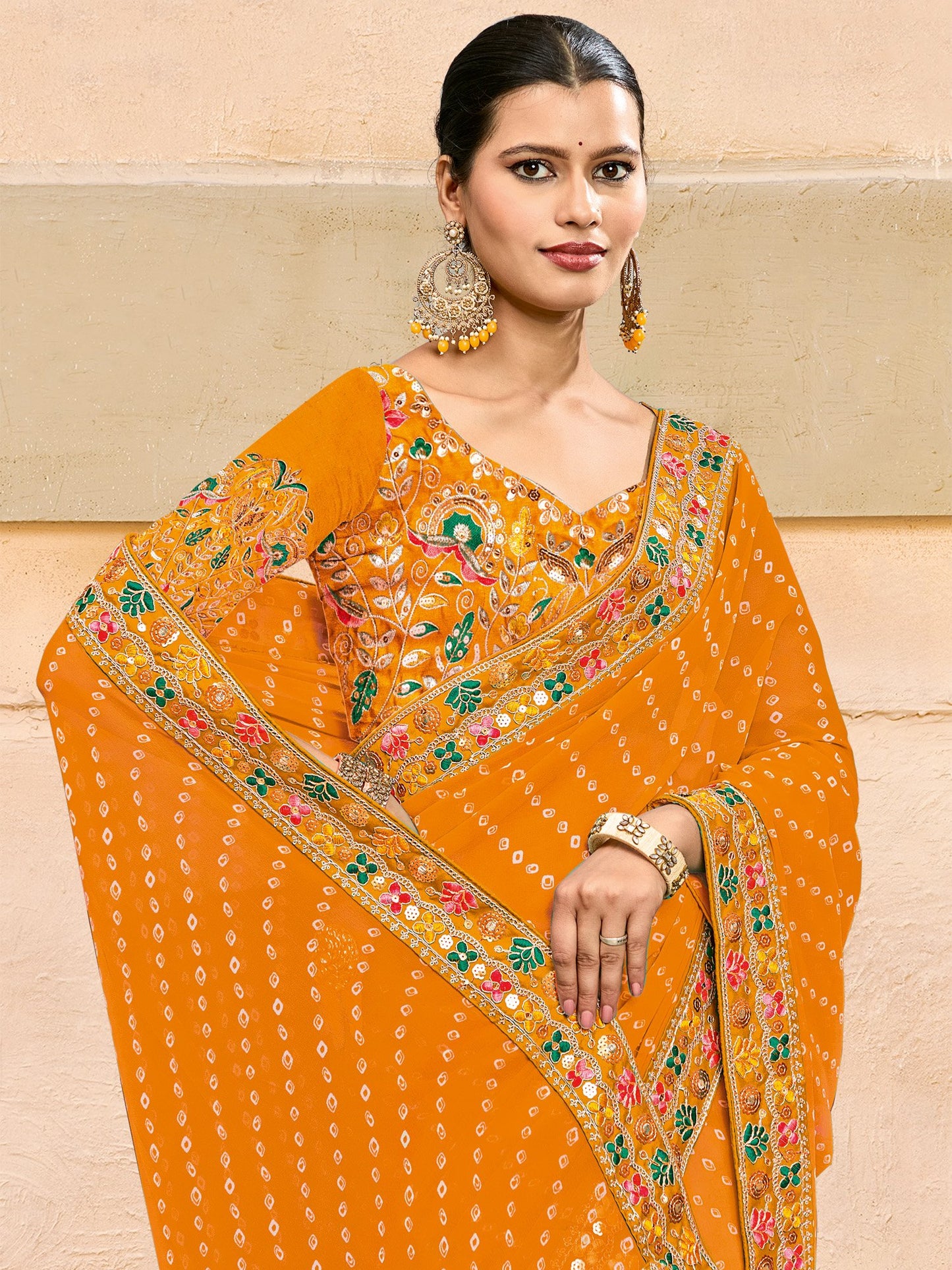 Mustard Bandhani Pure Georgette Printed Saree