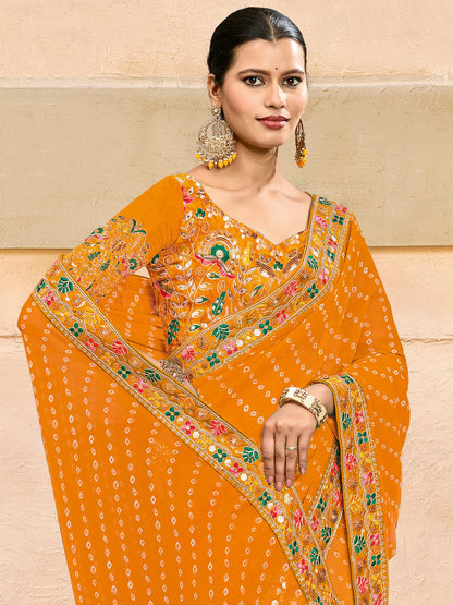 Mustard Bandhani Pure Georgette Printed Saree