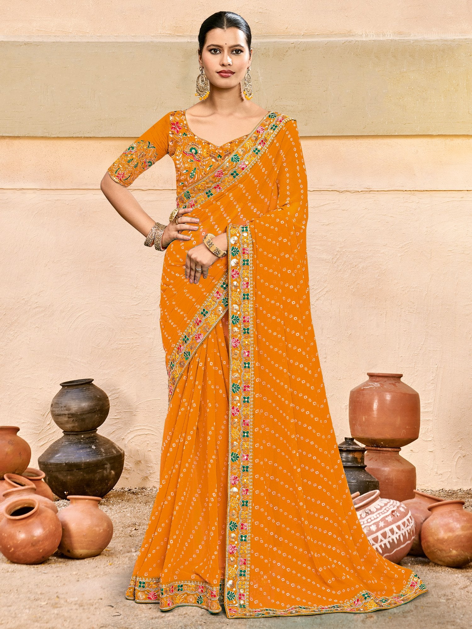 Yellow Mustard Bandhani Pure Georgette Printed Saree
