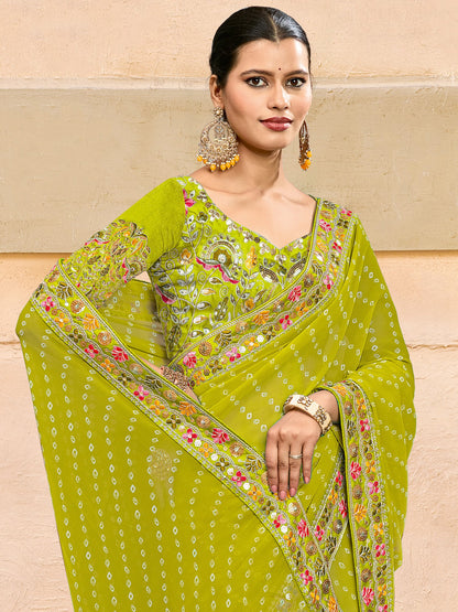 Green Light Bandhani Pure Georgette Printed Saree