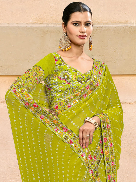 Green Light Bandhani Pure Georgette Printed Saree