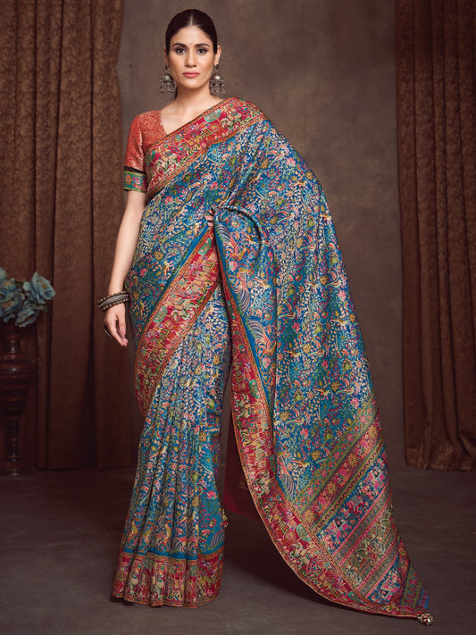 Blue Teal Banarasi Viscose Silk Woven Saree