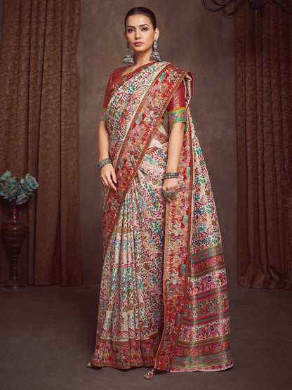 Cream Banarasi Viscose Silk Woven Saree