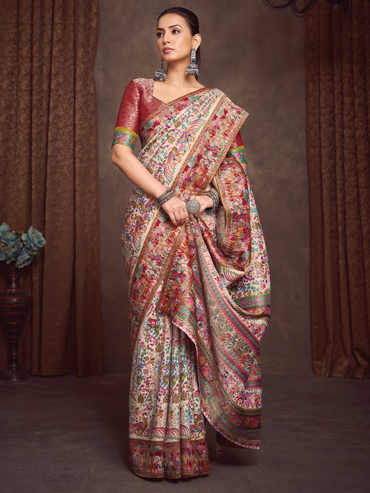 Cream Cream Banarasi Viscose Silk Woven Saree