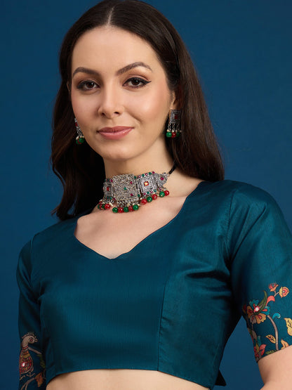 Teal Tussar Silk Blend Printed Saree