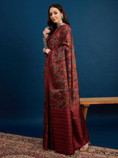 Maroon Tussar Silk Blend Printed Saree
