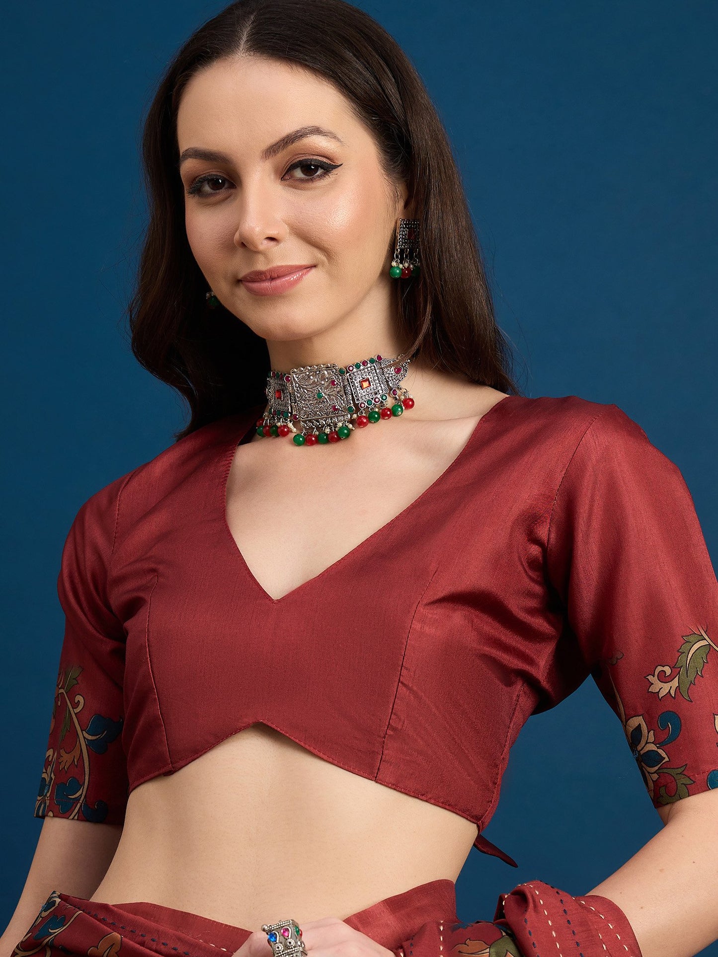 Maroon Tussar Silk Blend Printed Saree