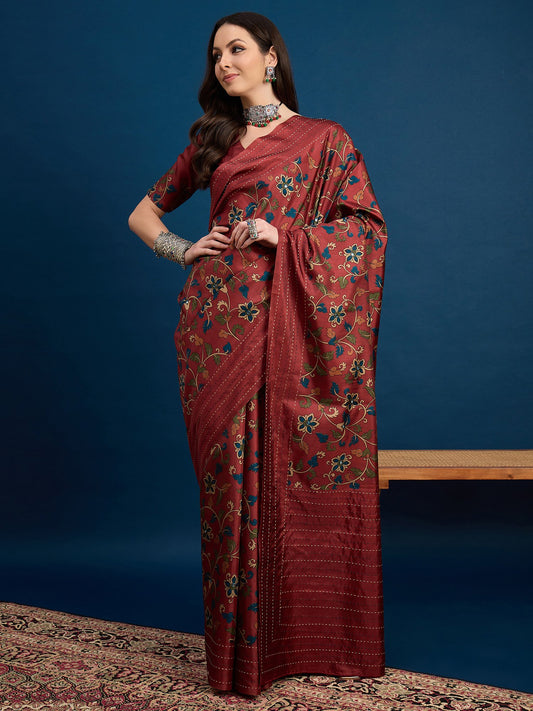 Maroon Maroon Tussar Silk Blend Printed Saree