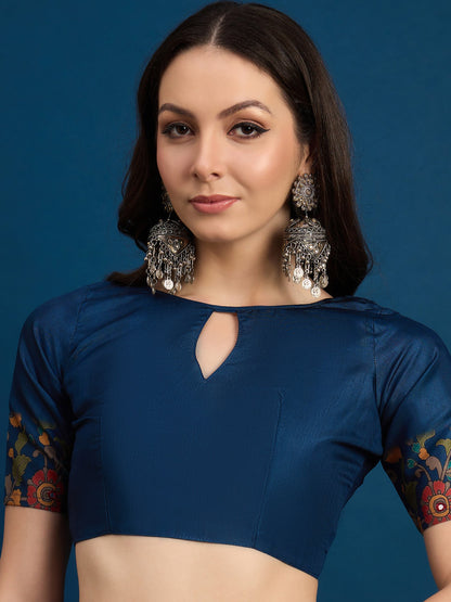Navy Tussar Silk Blend Printed Saree