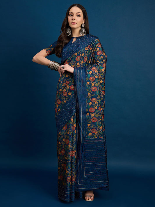 Blue Navy Tussar Silk Blend Printed Saree