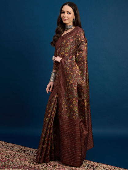 Brown Tussar Silk Blend Printed Saree